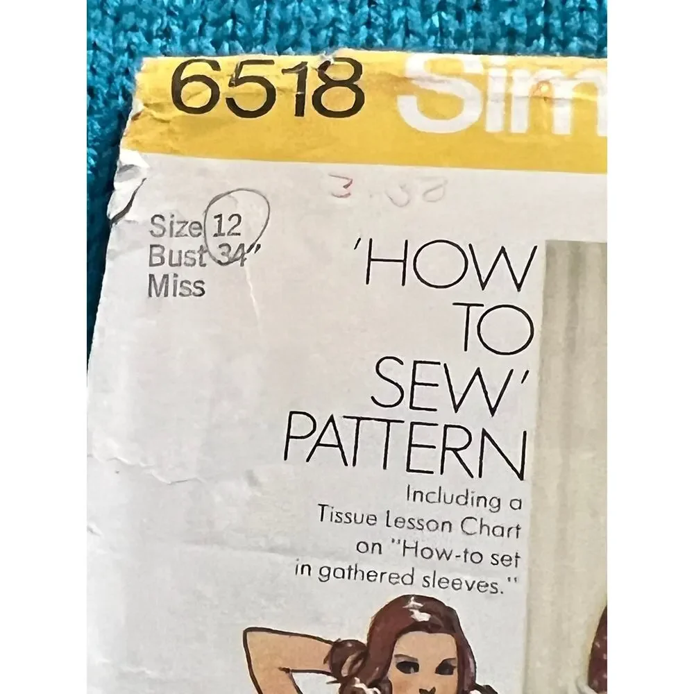 Simplicity 6518 Sewing pattern blouse button front puff sleeve size 12